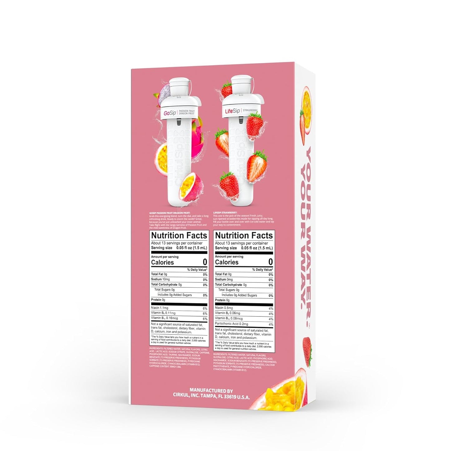 Cirkul 32oz. Rose Gold Stainless Steel Water Bottle Starter Kit with Rose Gold Lid and 2 Flavor Cartridges (1 LifeSip Strawberry, 1 GoSip Passion Fruit Dragon Fruit) No Sugar, Zero Calorie Drink Mix