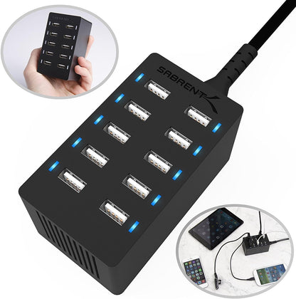 Sabrent 60 Watt (12 Amp) 10-Port [UL Certified] Family-Sized Desktop USB Rapid Charger. Smart USB Ports with Auto Detect Technology [Black] (AX-TPCS)