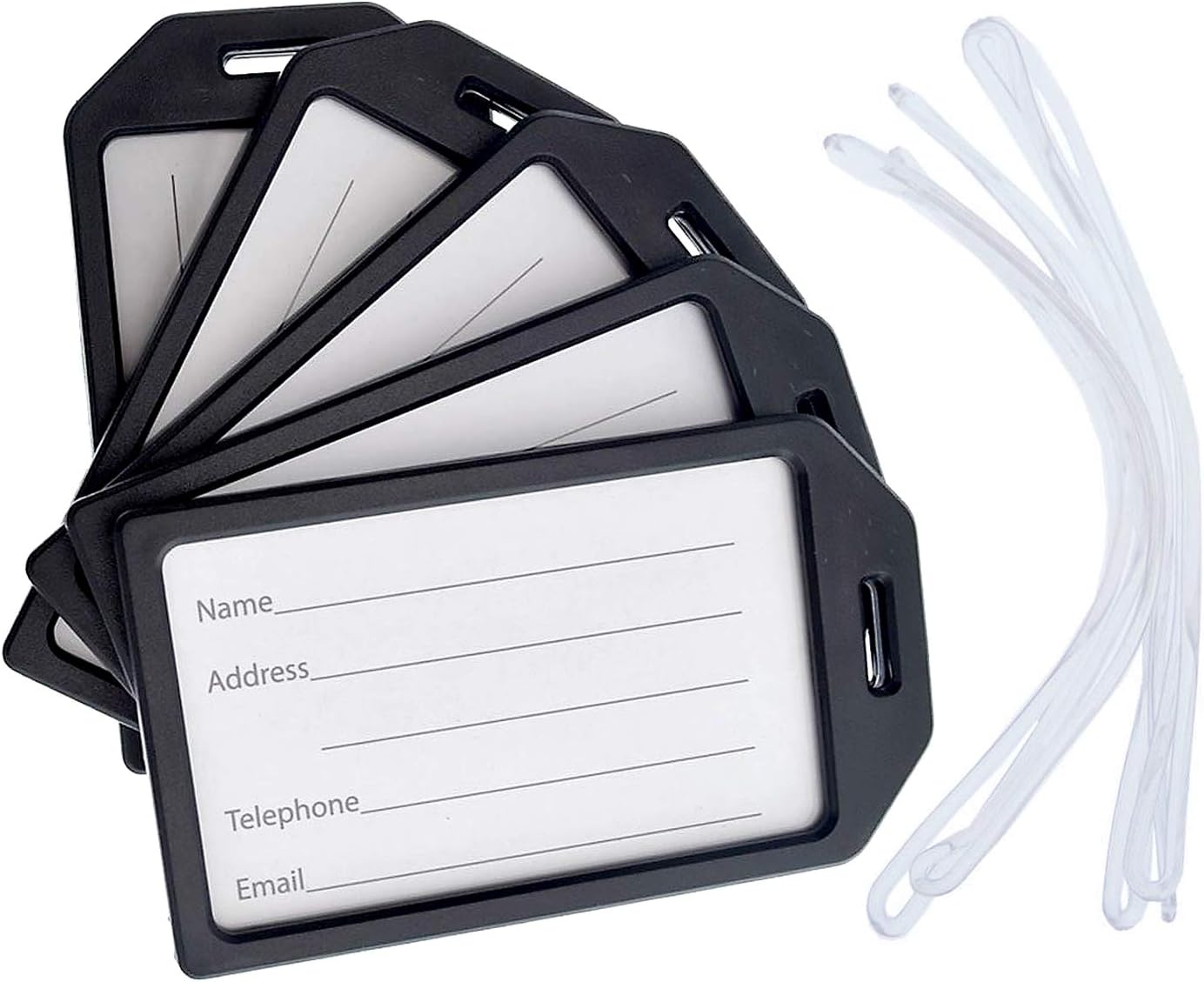 5 Pack - Premium Rigid Airline Luggage Tag Holders with 6" Worm Loops - Heavy Duty Hard Plastic -Suitcase ID Tag Identifiers with Business Card Insert Window by Specialist ID (Black)