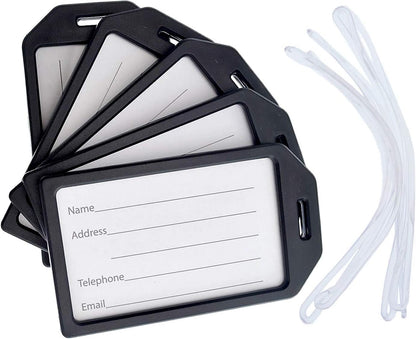 5 Pack - Premium Rigid Airline Luggage Tag Holders with 6" Worm Loops - Heavy Duty Hard Plastic -Suitcase ID Tag Identifiers with Business Card Insert Window by Specialist ID (Black)