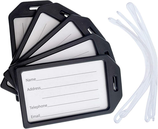 5 Pack - Premium Rigid Airline Luggage Tag Holders with 6" Worm Loops - Heavy Duty Hard Plastic -Suitcase ID Tag Identifiers with Business Card Insert Window by Specialist ID (Black)