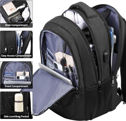 Travel Laptop Backpack for Men and Women, 17 Inch Large School Backpacks for Teens, Business Anti Theft Durable Back Pack, Water Resistant Computer Bag with USB Charging Port, Black