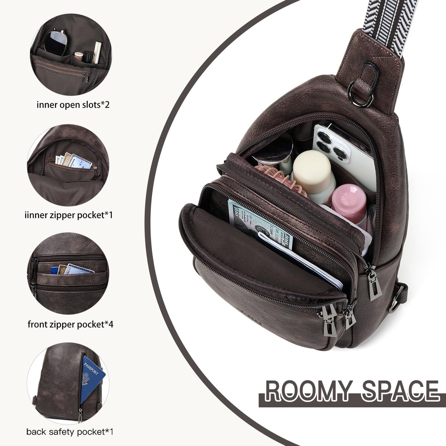 Sling Bag for Women Crossbody Fanny Pack Sling Purse Backpack Vegan Leather Travel Cross Over Shoulder Bag Coffee