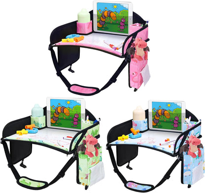 Kids Travel Tray, 3PCS Car Seat Tray for kids Travel, Toddler Road Trip Essentials With Drawing Kit, Toddler Lap Desk Organizer for Car, Carseat Table for Airplane