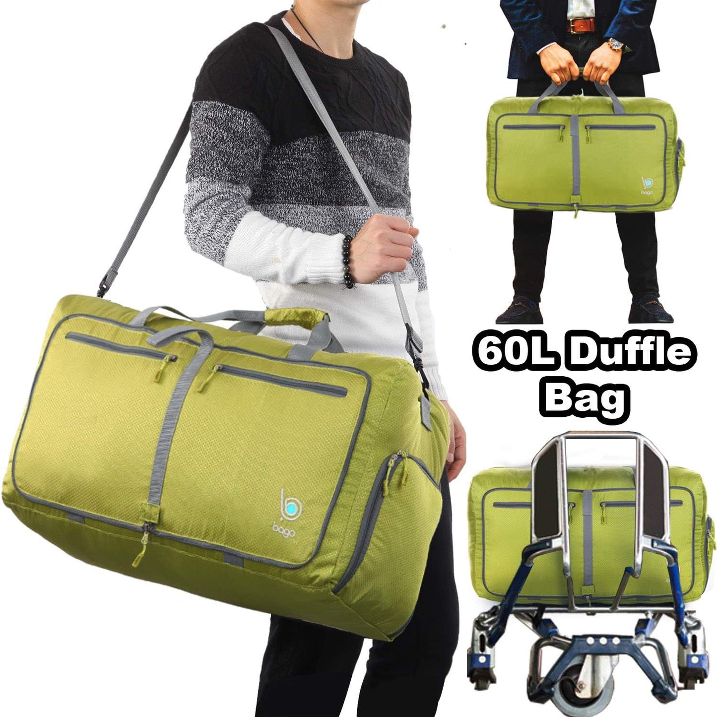 Bago Foldable Duffel Bags for Traveling Women & Men - 60L Medium Packable Duffle Bag for Travel with Shoe Compartment - Water Repellant, Heavy Duty, Lightweight Folding & Collapsible (Green)