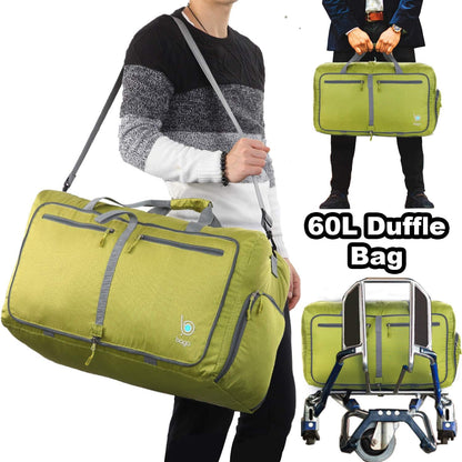Bago Foldable Duffel Bags for Traveling Women & Men - 60L Medium Packable Duffle Bag for Travel with Shoe Compartment - Water Repellant, Heavy Duty, Lightweight Folding & Collapsible (Green)
