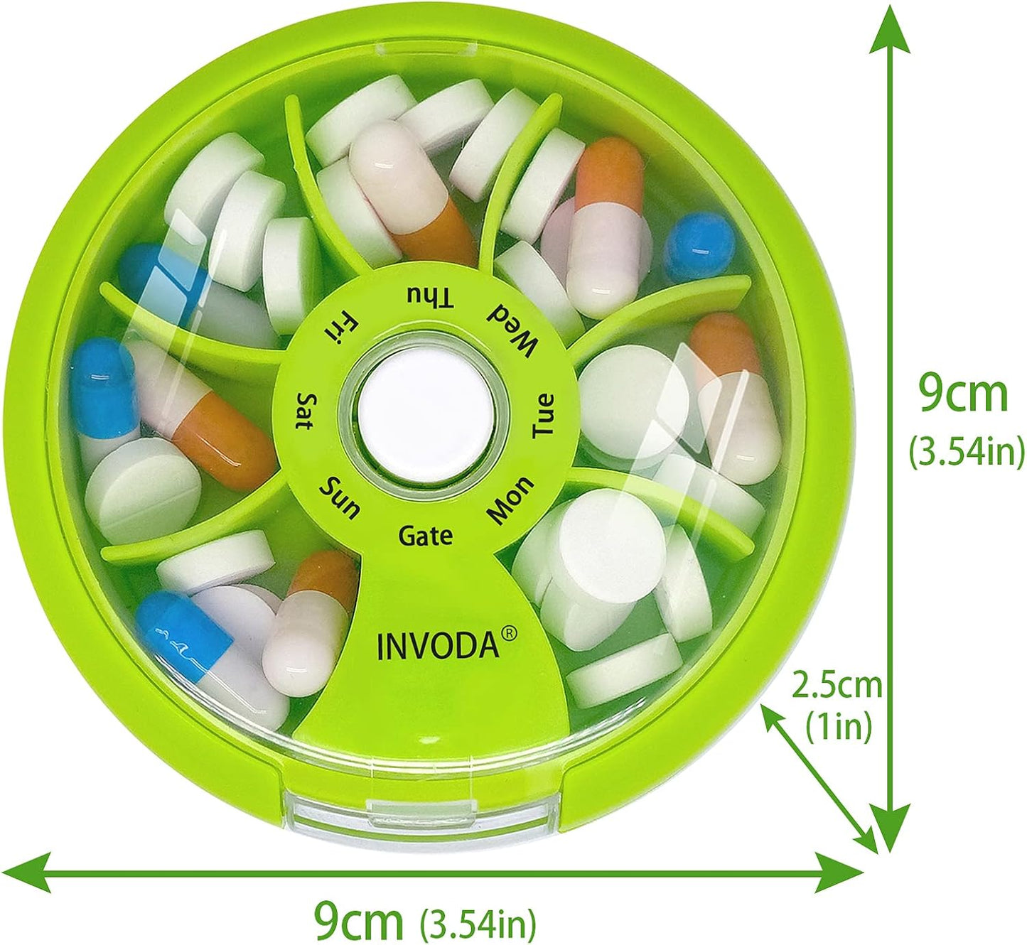 INVODA Weekly Pill Organizer 7 Compartment Rotating Pill Box for Daily Medication & Vitamins - Portable Travel Pill Case Fish Oil Supplements Vitamins Organizer (Pink+Sky Blue+Green)