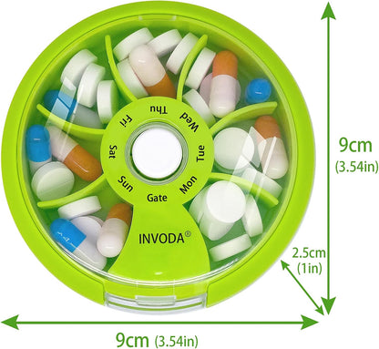 INVODA Weekly Pill Organizer 7 Compartment Rotating Pill Box for Daily Medication & Vitamins - Portable Travel Pill Case Fish Oil Supplements Vitamins Organizer (Pink+Sky Blue+Green)