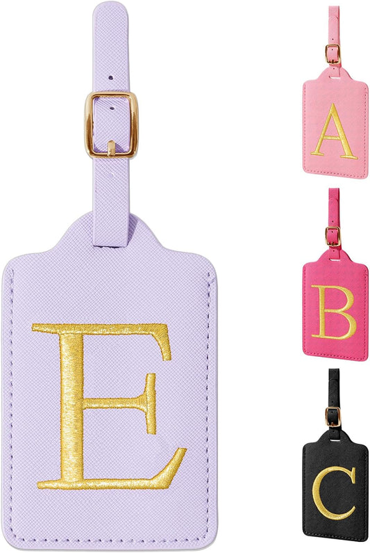 Personalized Initial Luggage Tags for Suitcase, Purple Leather Cute Luggage Tags with Privacy Cover Name Card, Embroidered Custom Monogrammed Luggage Tag Travel Backpack Tags Gifts for Women Kids(E)
