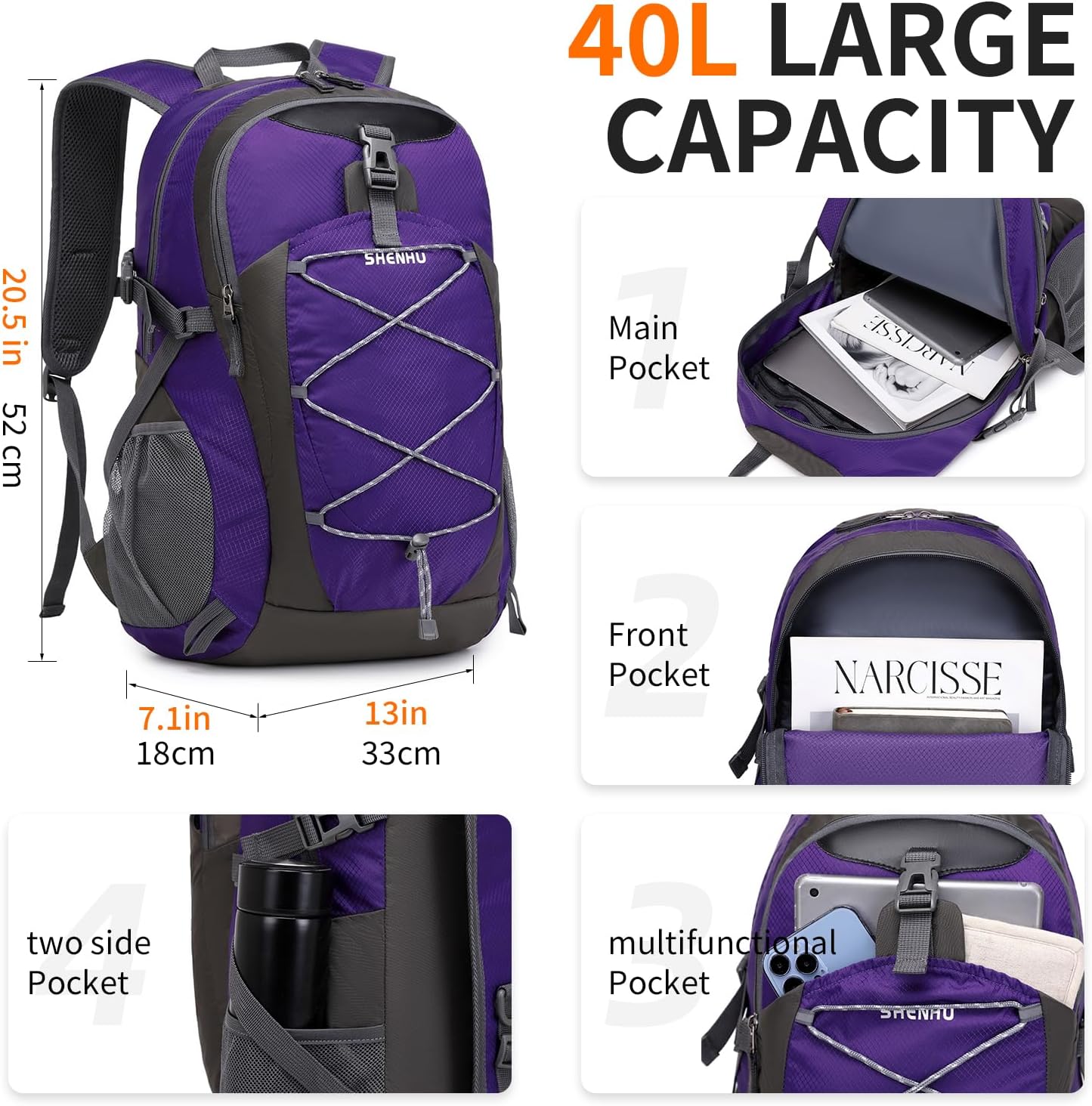 40L Hiking Backpack Lightweight Daypack Waterproof Travel Camping Backpack for Men Women Sport Packable