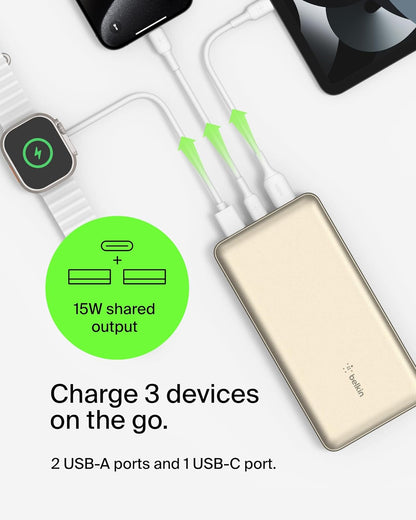 Belkin Portable Charger, USB-C Power Bank 20000 mAh w/ 2xUSB-A Ports, 15W w/Type-C to Type-A Cable for iPhone 16, 15, Samsung Galaxy S25, Pixel, iPad, Nintendo Switch 2, Google Pixel 10, etc. - Gold