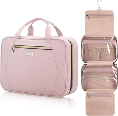 Hanging Toiletry Bag for Women Travel, 2 Sizes Large & Small Waterproof Cosmetic Organizer with 4 Compartments, Rotating Hook, Foldable Pink Travel Bag for Toiletries & Makeup - Large Pink