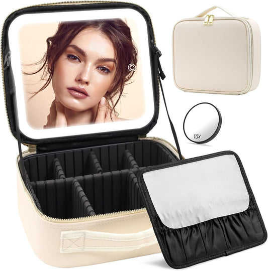 Portable Travel Makeup Bag with Lighted Mirror, 3 Color Brightness, Beige