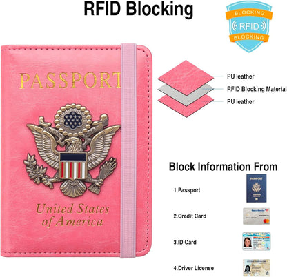 Passport Holder for Travel Passport Cover for Men Passport Wallet Case with Metal 3D Metal Badge Protector Leather Card Case RFID Blocking Women Travel Accessories Document Organizer (Pink)