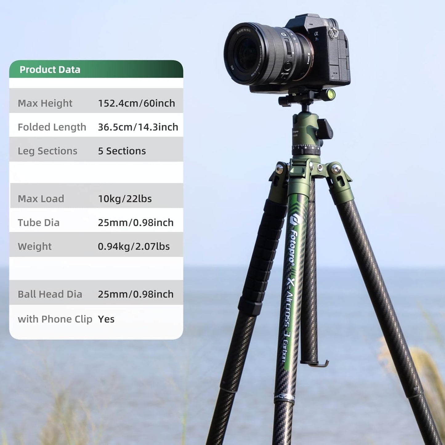 Fotopro 62 Inch Carbon Fiber Tripod for Camera Ultralight Travel Camera Tripod Max Loads Up 22lbs X-Aircross 3 Green