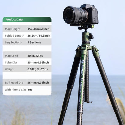 Fotopro 62 Inch Carbon Fiber Tripod for Camera Ultralight Travel Camera Tripod Max Loads Up 22lbs X-Aircross 3 Green