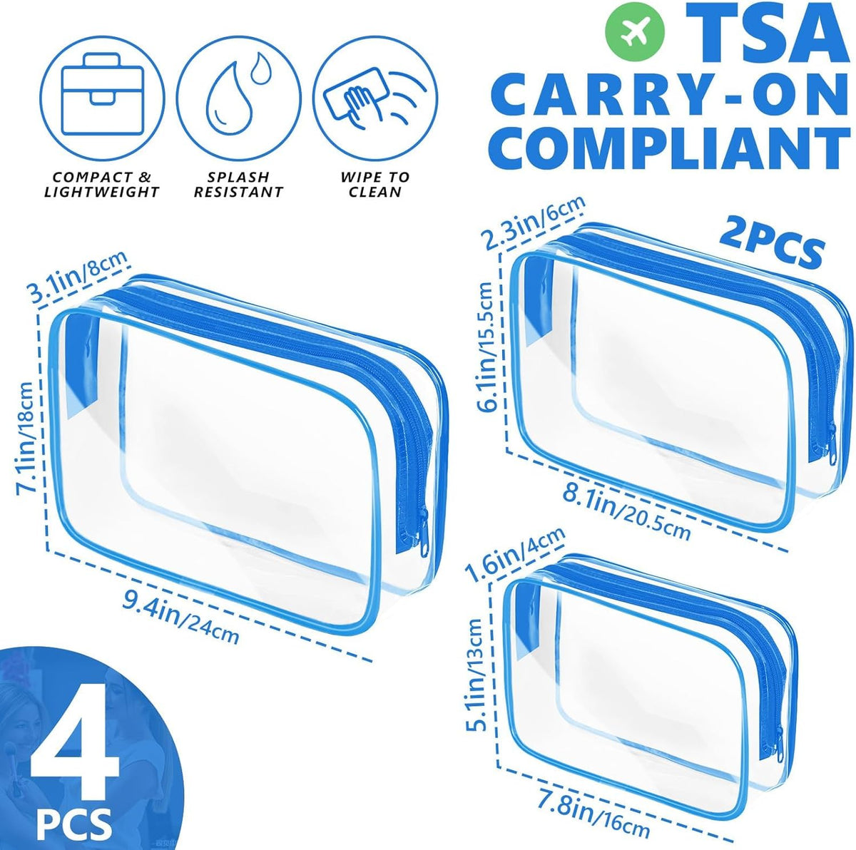 AURUZA 4 Pack Clear Toiletry Bag,Portable Travel Makeup Bags with Zipper, TSA Approved Clear Organizer Bags, PVC Cosmetic Pouch for Airport Airline Compliant (4 Packs Blue)