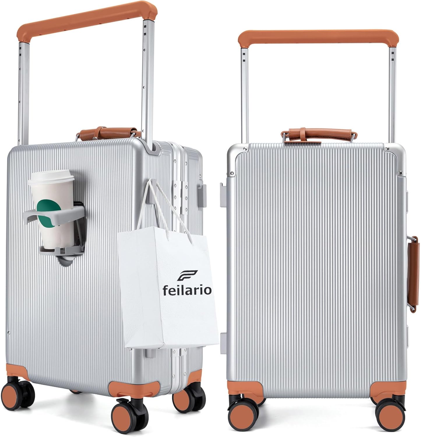 feilario 20'' Aluminum Frame Wide Handle PC Hardside Carry On Luggage - Double Spinner Wheels Luxury Rolling Travel Suitcase with TSA Lock & Cup Holder