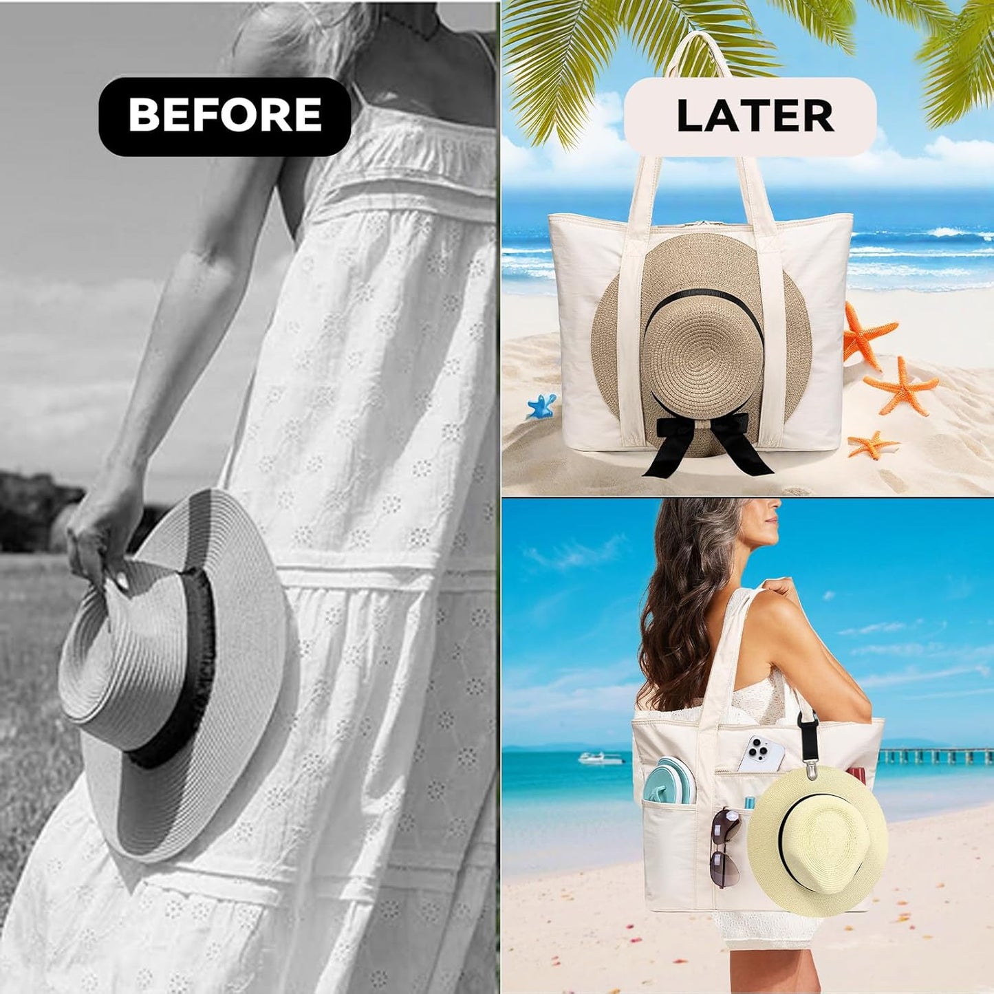 LEDAOU Beach Bags for Women, Beach Bags Waterproof Sandproof, Packable Beach Tote Bag with Zipper Travel Sports