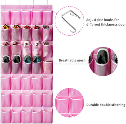 35 Pockets Over the Door Shoe Organizer, Hanging Shoe Organizer for Door with 35 Mesh Pockets Large Capacity Shoe Hanging Storage Bag with 4 Metal Hooks (Pink-1Pack)