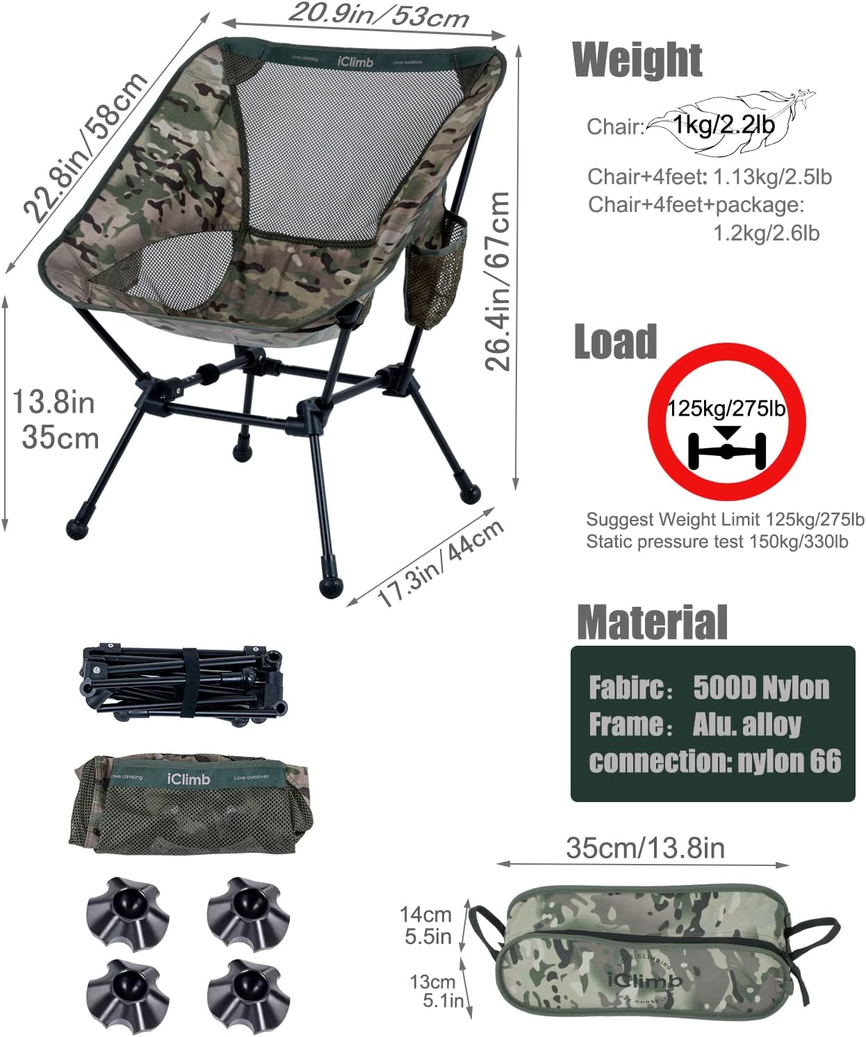 iClimb Ultralight Compact Camping Folding Beach Chair with Anti-Sinking Large Feet
