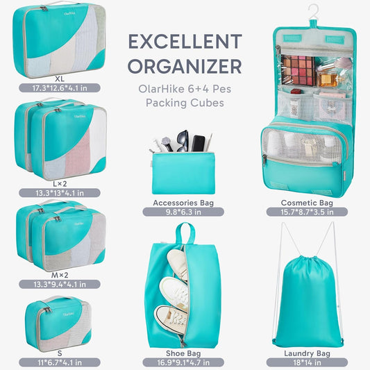 ALL INCLUDED 10 Set Durable Packing Cubes for Suitcases,OlarHike Essentials for Travel, UPGRADED Anti-Tear Stitching, NEW Improved Luggage Packing Organizers for Travel Accessories (Turquoise)