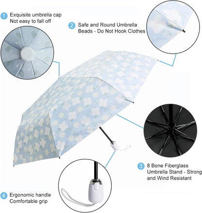 Cuby UV Sun Umbrella Compact Folding Travel Umbrella Auto Open and Close for Windproof, Rainproof & 99.9% UV Protection Parasol with Black Anti-UV Coating (Blue Jasmine)