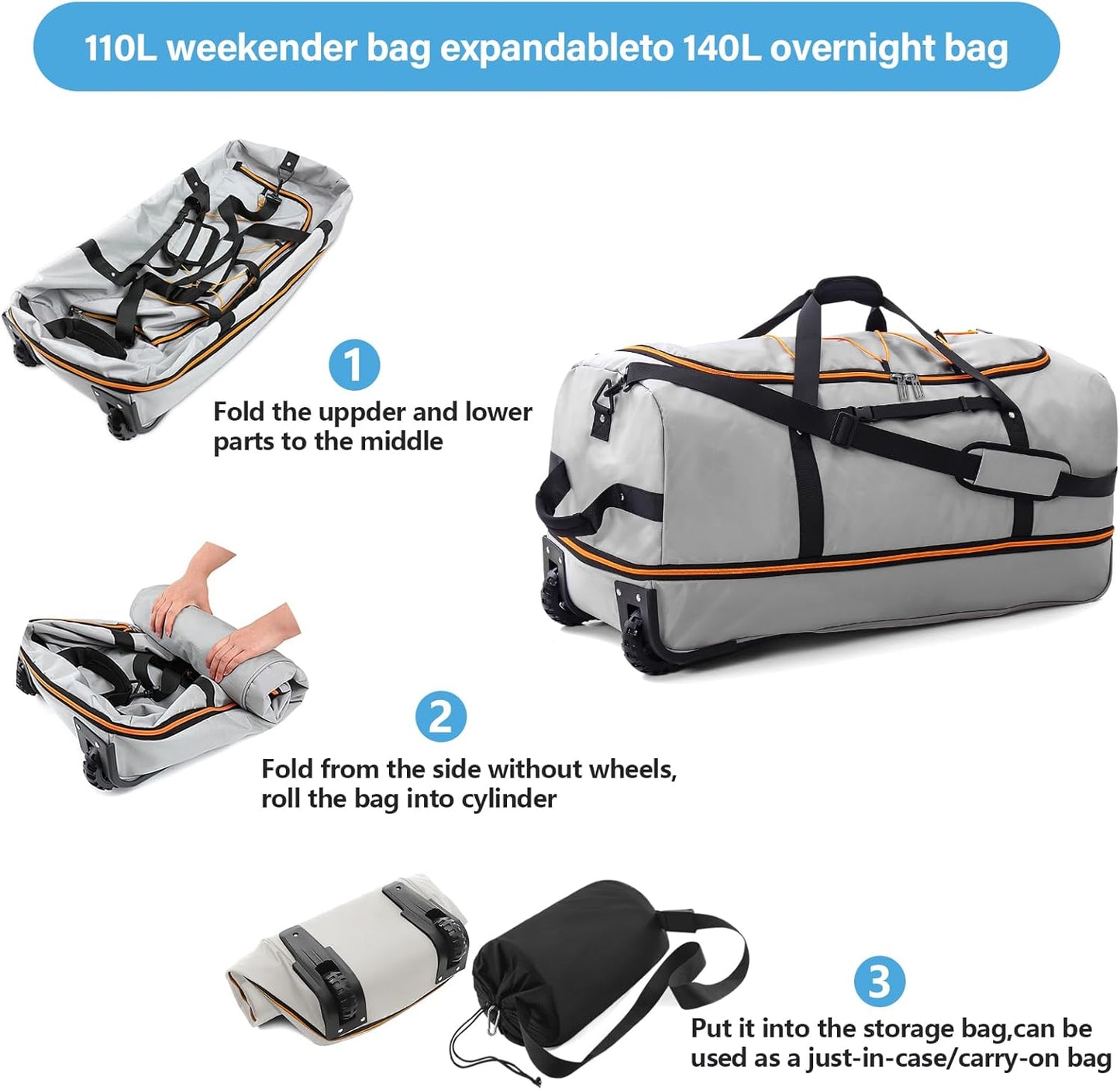 Vomgomfom Wheeled Collapsible Duffel Bag,110L-140L Expandable Checked Luggage, No-Telescopic-Handle with Anti-Burst Zipper & Reinforced Frame,Grey