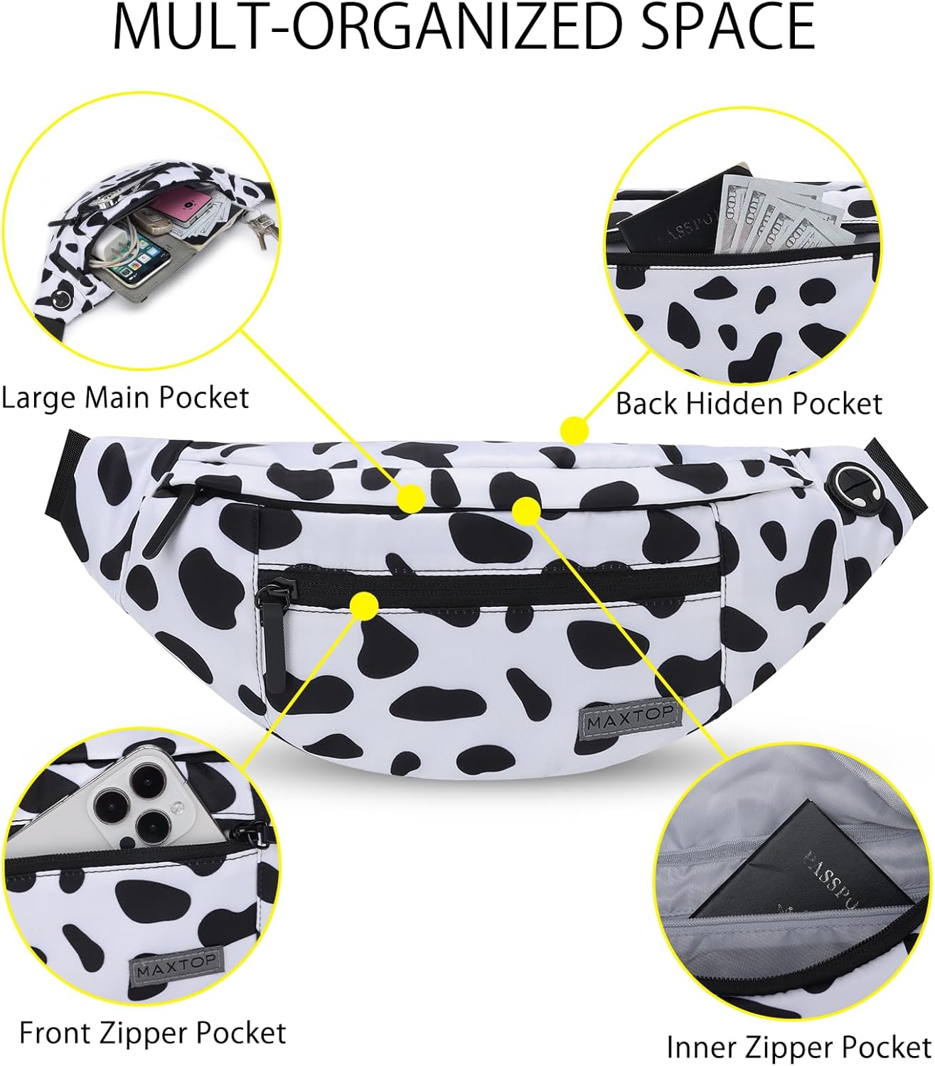 MAXTOP Large Crossbody Fanny Pack with 4-Zipper Pockets,Gifts for Enjoy Sports Festival Workout Traveling Running Casual Hands-Free Wallets Waist Pack Phone Bag Carrying All Phones