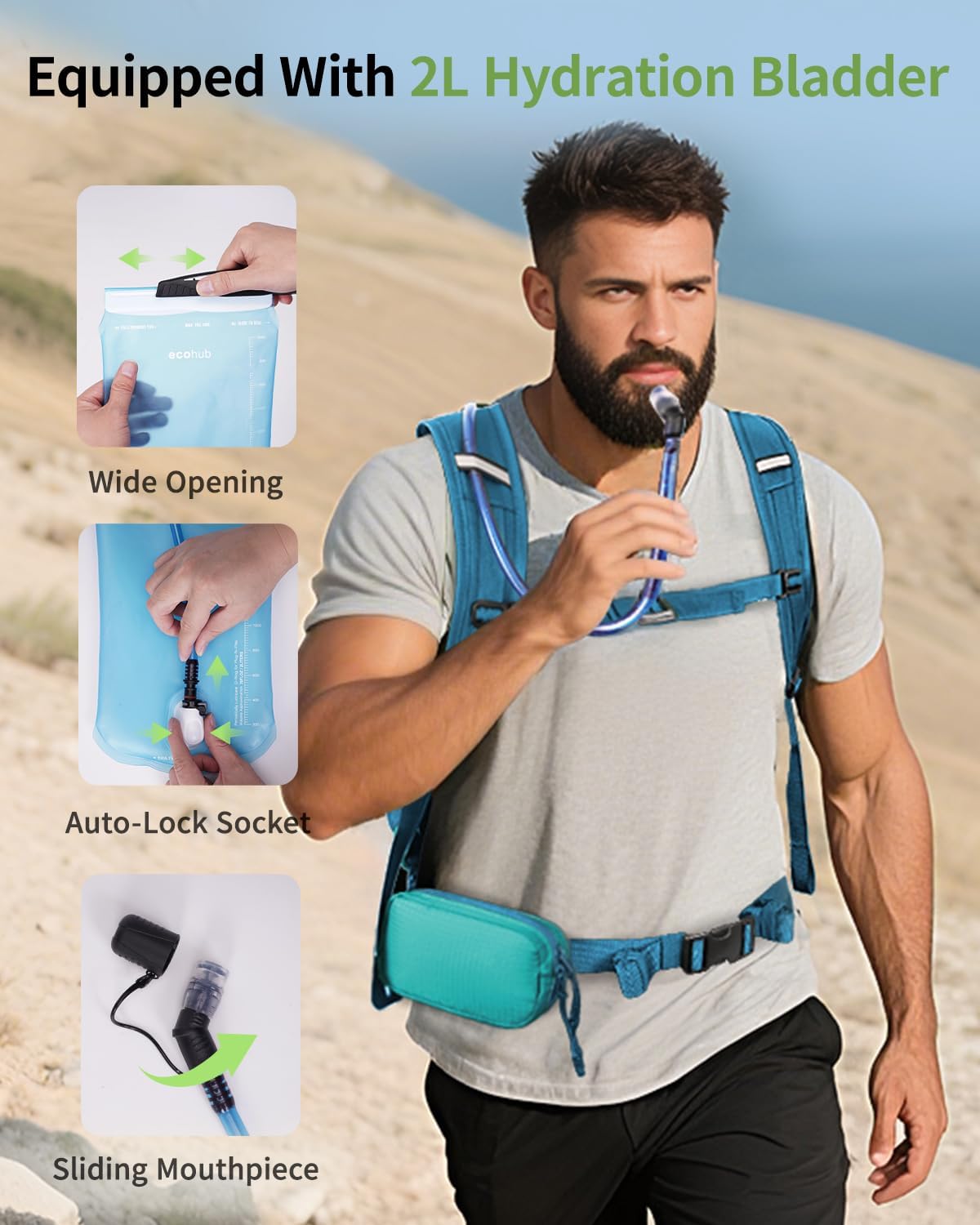 ECOHUB Hydration Backpack for Men Women, 20L Lightweight Hiking Daypack Cycling Backpack with 2L Water Bladder, Insulated Hydration Pack with Waist Pack