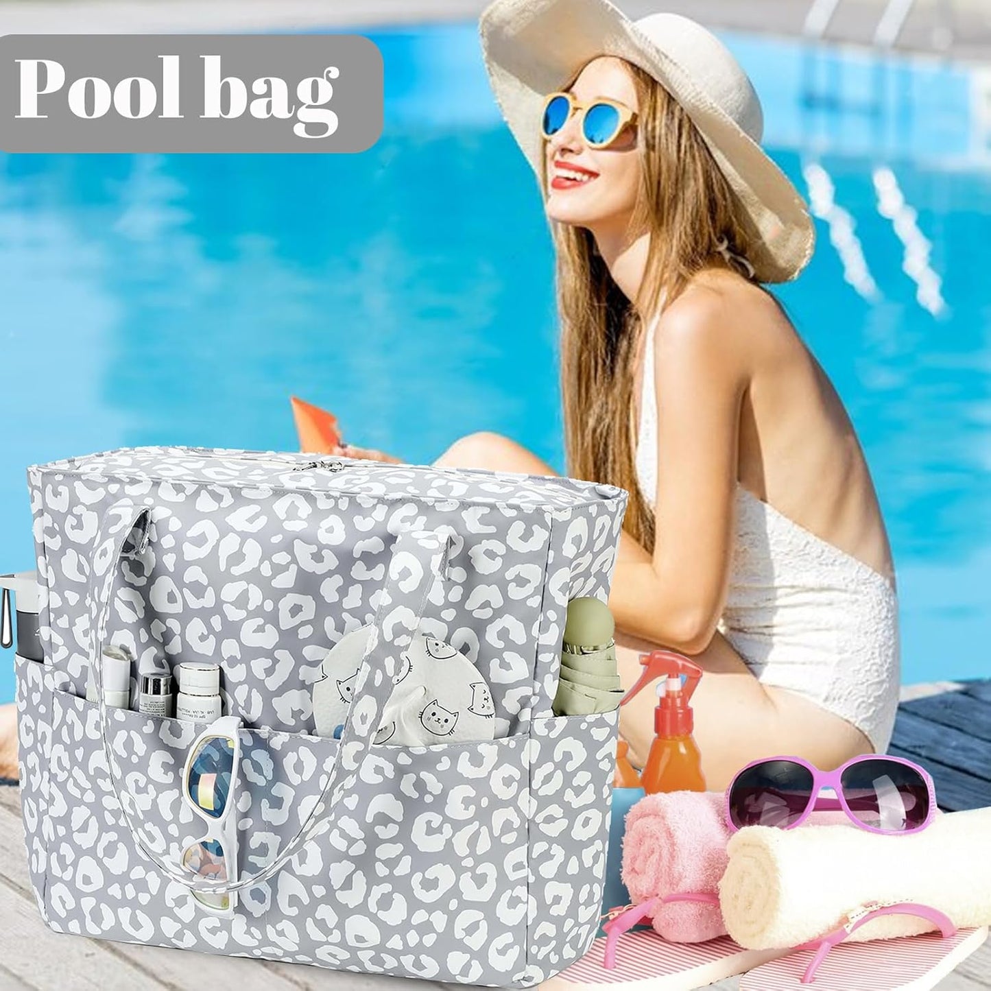 LEDAOU Large Beach Tote Bag Women Waterproof Sandproof Zipper Beach Tote Bag for Pool Gym Grocery Travel with Wet Pocket