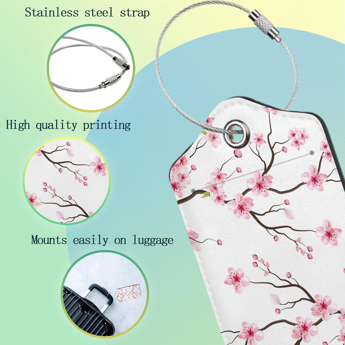Luggage Tags for Suitcase,2 Pack Japanese Cherry Blossom Tree Luggage Tag PU Leather Privacy Cover ID Label with Stainless Steel Loop for Women Men Teens Travel