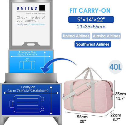 For United Airlines Foldable Carry on Bag 22x14x9 Travel Duffel Bag Packable luggage Duffle for Women and Men 40L (Pink (With Shoulder Strap))