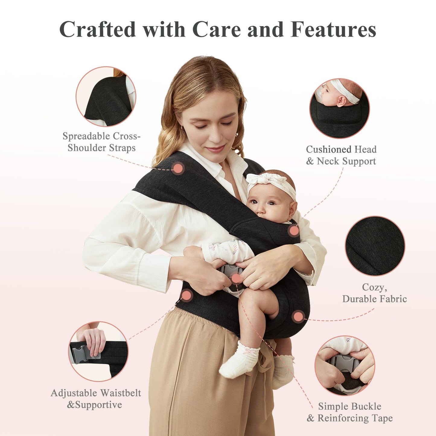 Newborn Carrier, Cozy Baby Carrier, Ergonomic Cross-Back Wrap, Hands-Free with Supportive Comfort, Black