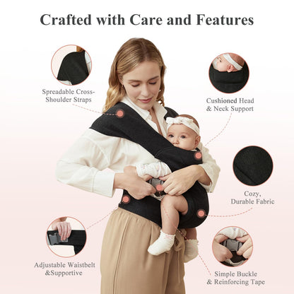 Newborn Carrier, Cozy Baby Carrier, Ergonomic Cross-Back Wrap, Hands-Free with Supportive Comfort, Black