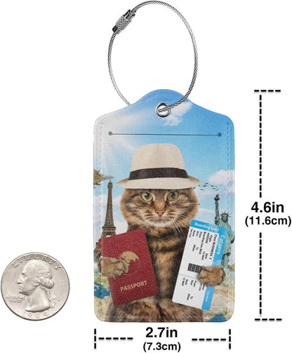 2 Pack Funny Cat Passport Luggage Tags for Suitcases Women Men Kids, Bag Tags for Leather Luggage with Waterproof Suitcase Tags Privacy Cover Name ID Label Steel Loop for Travel Bag Suitcase