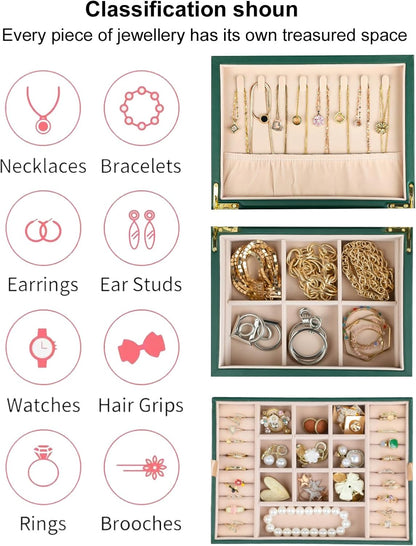 Small Jewelry Organizer for Women, 2-Layer Travel Jewelry Box with Portable Case, Necklace Ring Storage for Dresser, Girls Teens Gifts (Green)