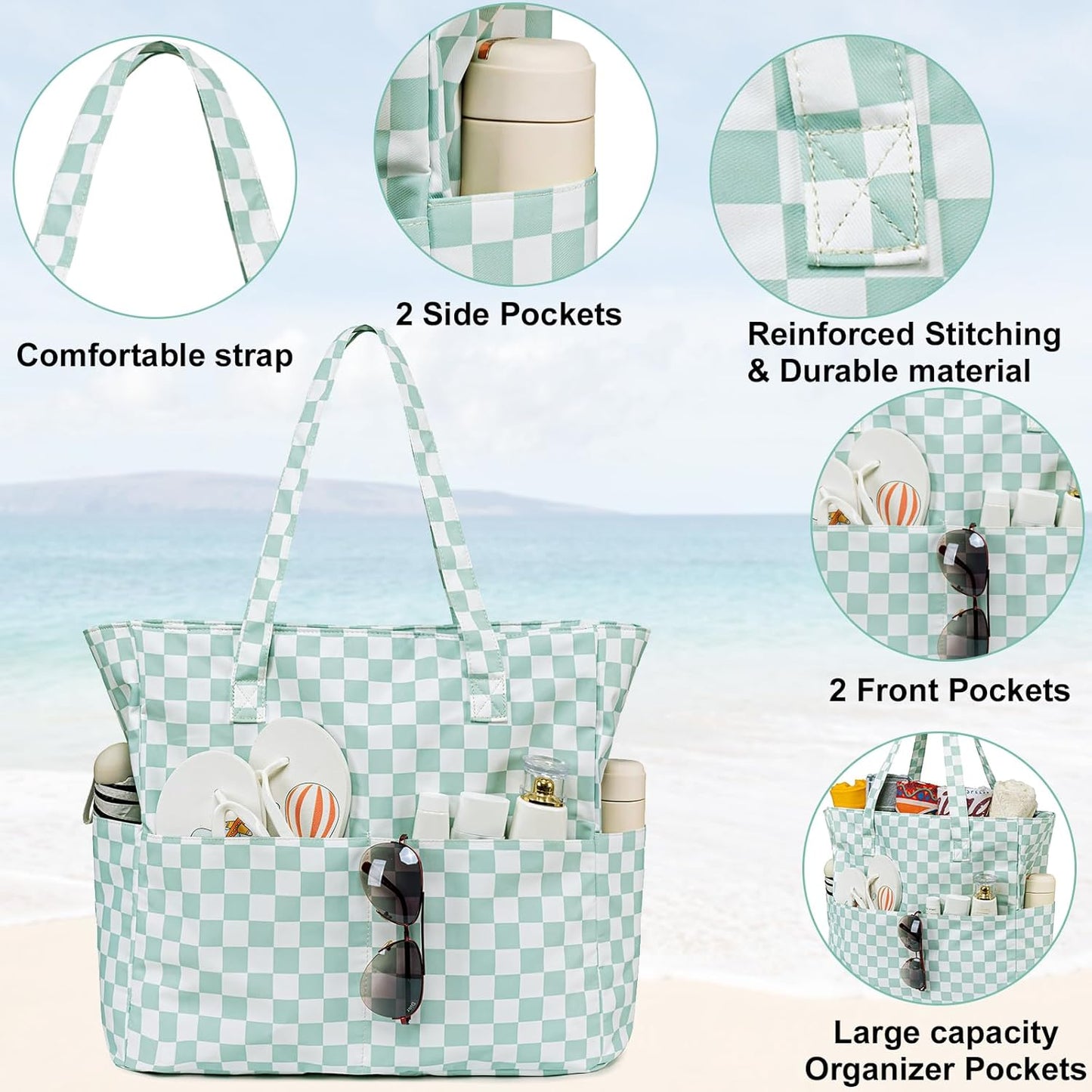 CAMTOP Waterproof Beach Tote Bag for Women Girls with Zipper Foldable Sandproof Pool Swim Bag Travel Carry On Gym