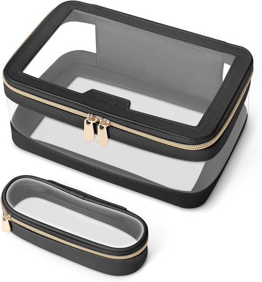 Travel Clear Makeup Bag with Makeup Brush Bag, Leather Makeup Case Toiletry Bag, Portable Cosmetic Bag Case, Transparent Waterproof Cosmetic Organizer Storage Bag for Women, Black