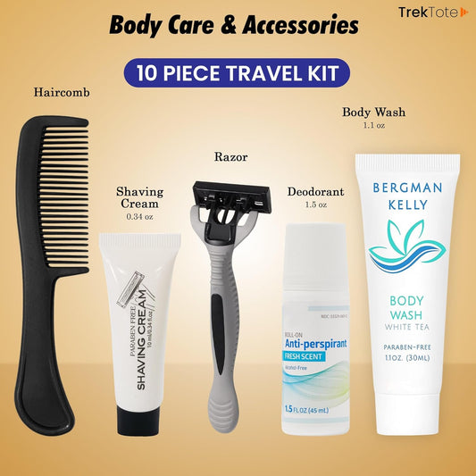 Trektote Travel Toiletry Kit For Men And Women – 10 Piece Set of Travel Size Toiletries, TSA Compliant, Includes Body Wash, Deodorant, Shaving Cream And Razor, Oral Care, Reusable Toiletry Bag & More