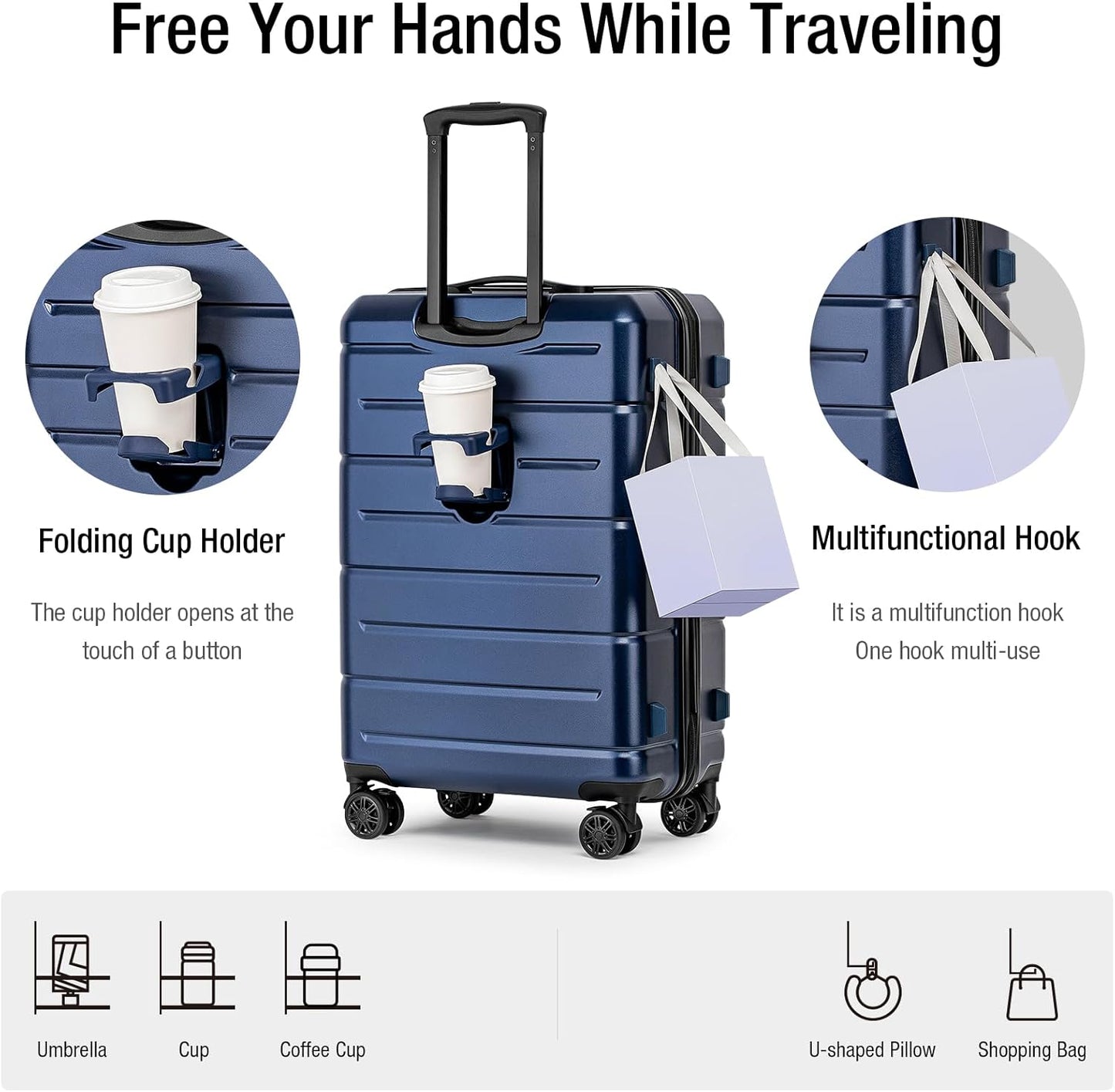 KYME Luggage Sets 2 Piece Hardshell 22"/26" Suitcase with Spinner Wheels Hardside Suitcases Sets with TSA Lock Lightweight Travel Luggage Set with Cup Holder for Women Men Navy