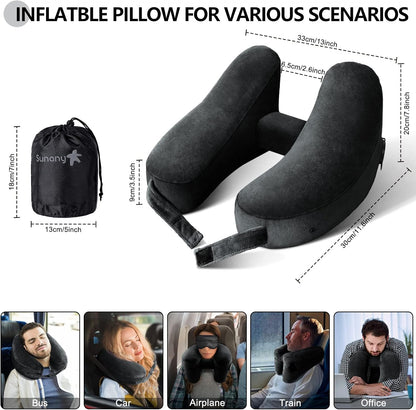 Sunany Neck Pillow for Travel Inflatable Airplane Pillow Comfortably Supports Head, Neck and Chin, Inflatable Travel Pillow with Soft Velour Cover and Portable Drawstring Bag (Black)