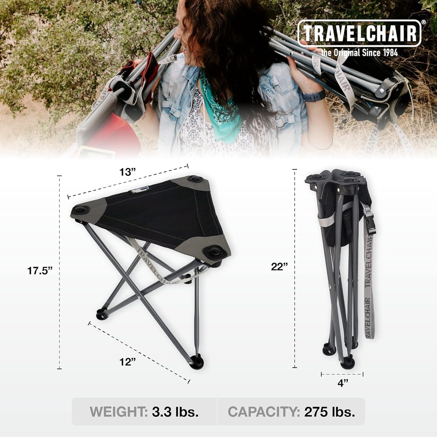 Travel Chair Big Slacker Stool, Portable Tripod Chair for Outdoor Adventures, Quick Folding Fishing Camping Travel Stool, Black & Gray