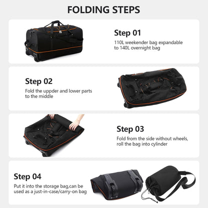 CONTAIL 32" Soft-Sided Rolling Duffle Bag with 2 Wheels,Expandable from 110L to 140L, Foldable Travel Duffel with Multiple Compartments,Black-orange