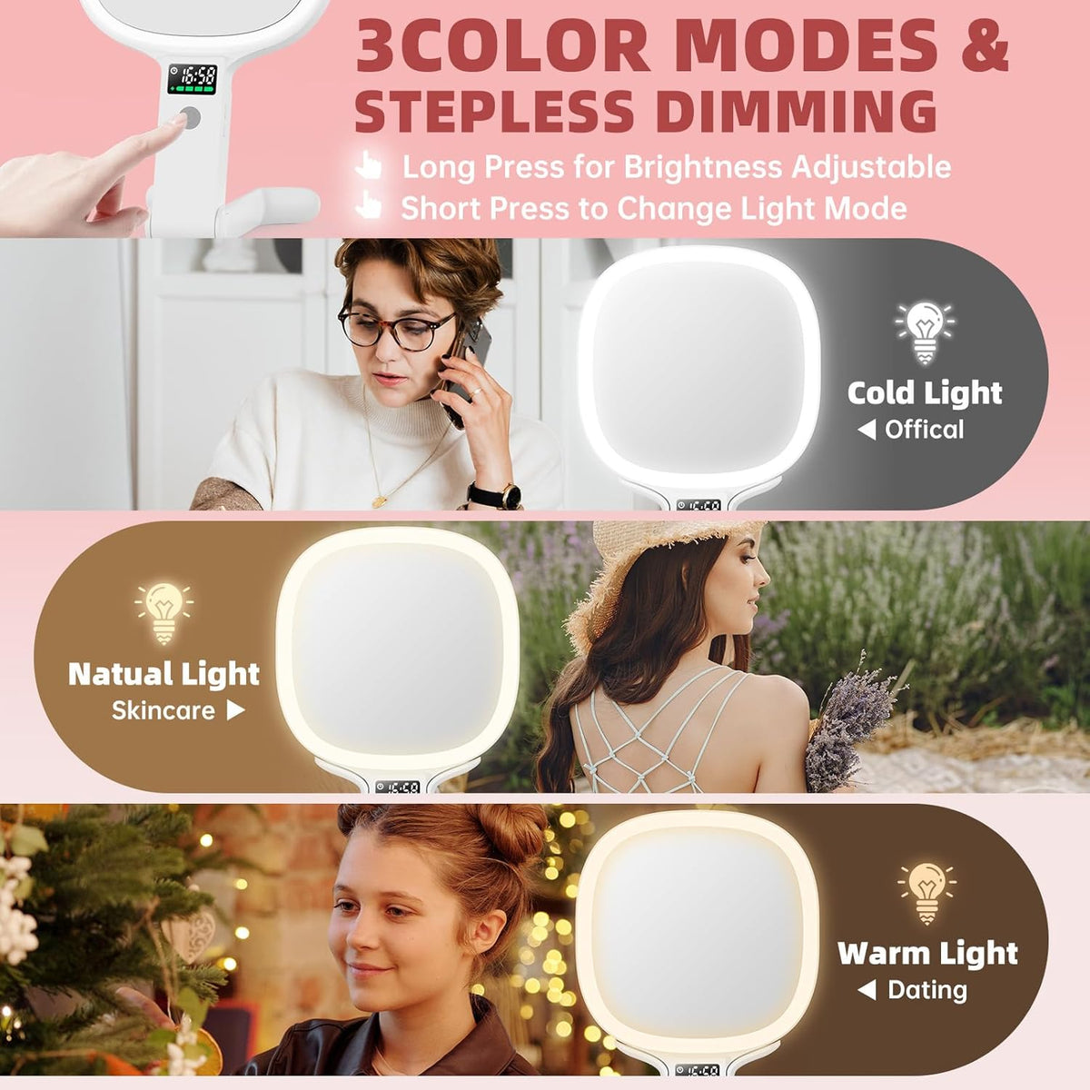 Alovely Travel Makeup Mirror with Light, Double Sided 10X Magnifying Mirror with Light, Rechargeable Portable Lighted Beauty Mirror, 3 Color Lighting Dimmable Touch Screen,Tabletop Handhold Hanging