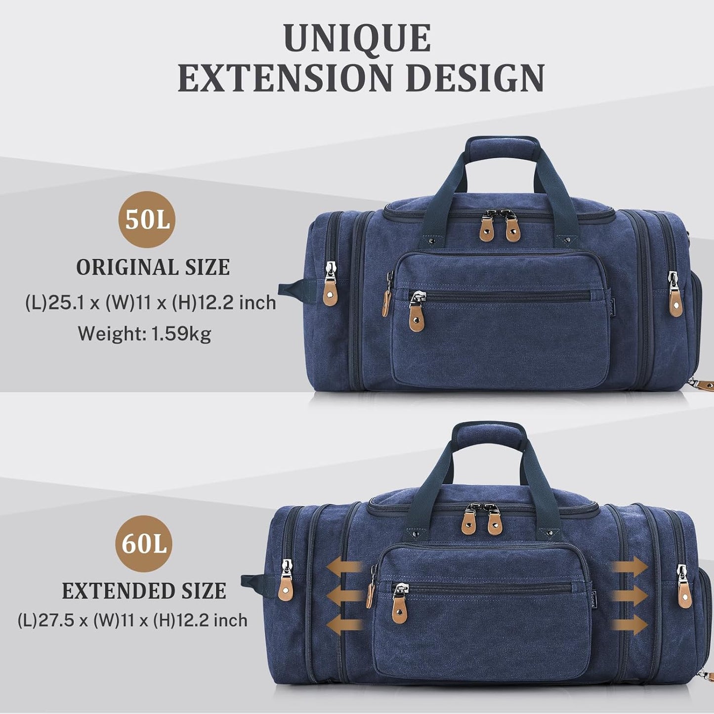 Gonex Canvas Duffle Bag 60L Travel Duffel Overnight Weekend Bag with Shoe Compartment (Blue)