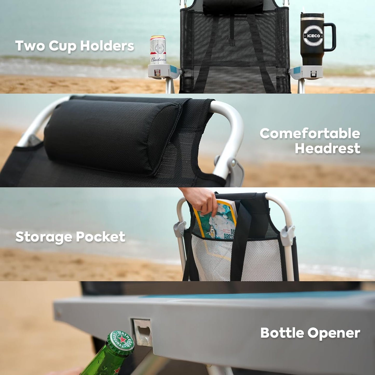 ICECO Backpacking Beach Chairs for Adults, 5 Positions Reclining, Heavy Duty Folding Beach Chairs, Portable Lay Flat Outdoor Chair with Cup Holder for Camping, Lawn, 350lb Capacity