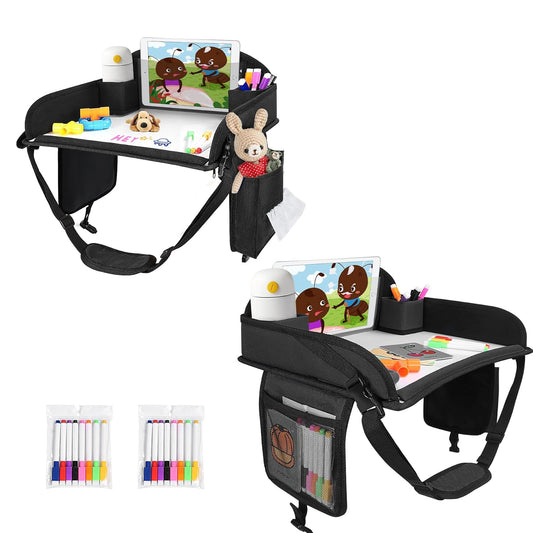 2Pcs ‎Kids Travel Tray, Kids Travel Trays for Car Seat, Road Trip Essentials for Toddler, Carseat Lap Tray with Dry Erase Board & Storage Organizer for Road Trip Activities for Kid, Black