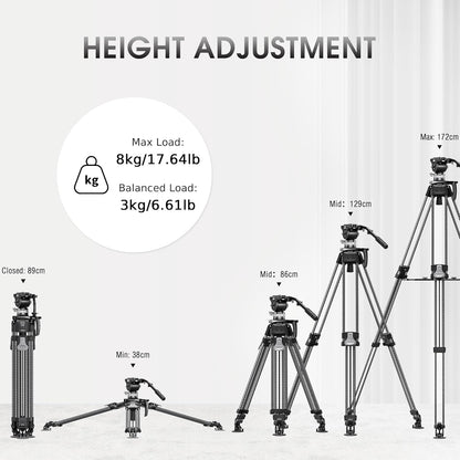 Heavy Duty Carbon Fiber Tripod with Fluid Head, One-Step Unlock System, with Removable Handle and Center Spreader, MaxLoad 8 KG/17.64 LB, Balanced Load 3 KG/6.61 LB (LVF-163C+BV-15)