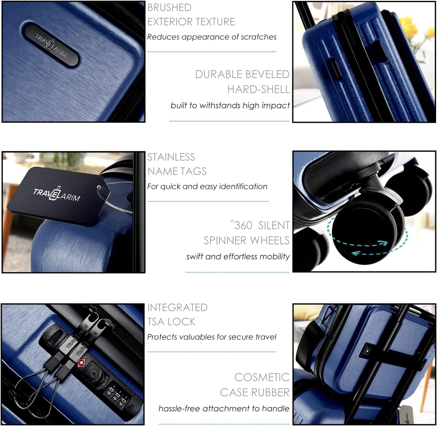 22 Inch Carry On Luggage 22x14x9 Airline Approved, Carry On Suitcase with Wheels, Hard-shell Carry-on Luggage, Durable Luggage Carry-On, Navy Small Suitcase with Cosmetic Case